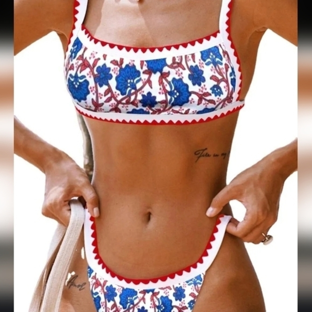 NWOT Zaful high‎ waist blue red patchwork bikini size small